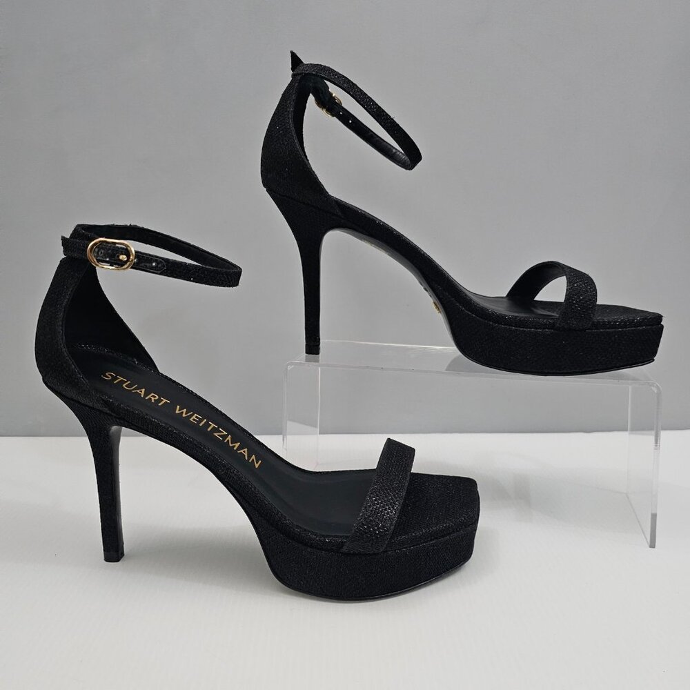 🆕Stuart Weitzman Black Glitter Platform Ankle-Strap Heels. Tried on only - Picture 3 of 14